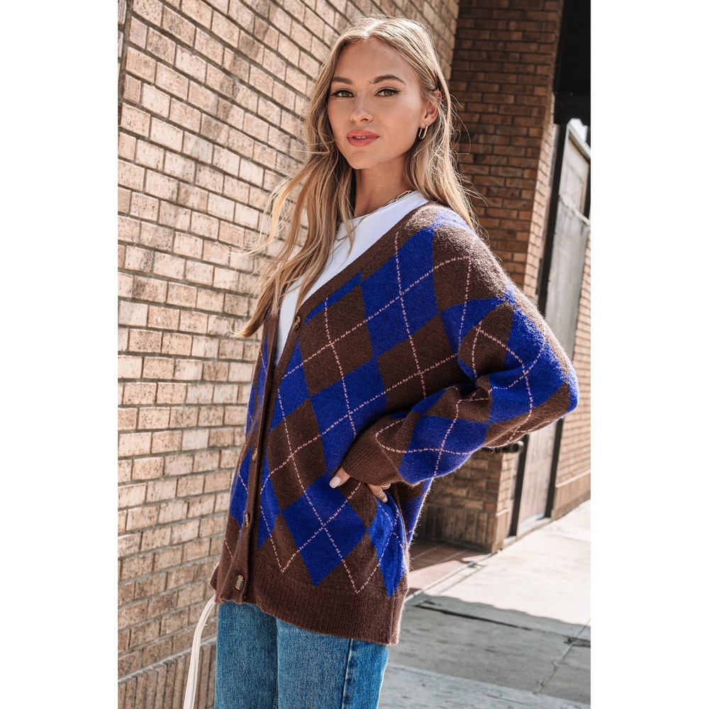 Cupshe Brown Blue Argyle Oversized V-Neck Button Cardigan Sweater - Picture 4 of 7